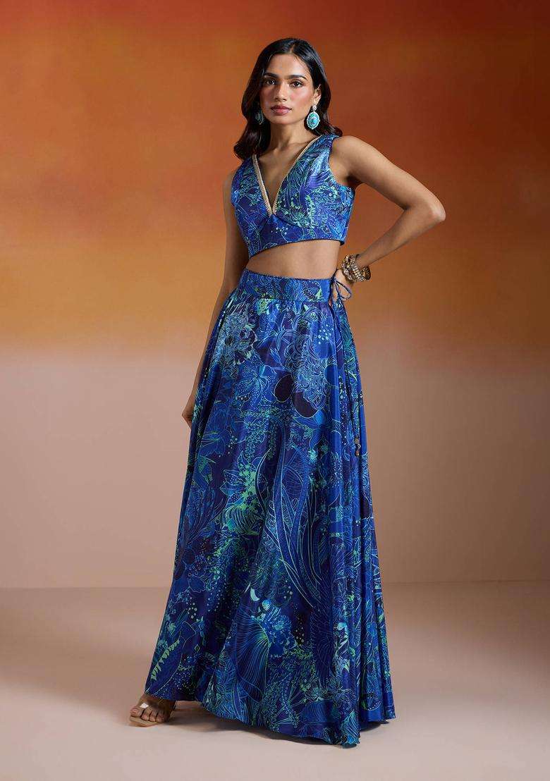 Royal Blue Crepe Printed Lehenga and Choli with Dupatta Set of 3 for Women Festive Wear - Indya