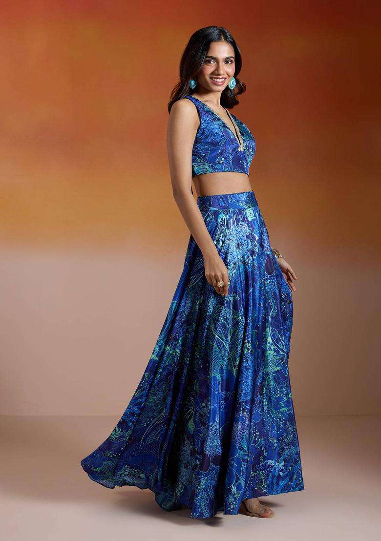 Royal Blue Crepe Printed Lehenga and Choli with Dupatta Set of 3 for Women Festive Wear - Indya