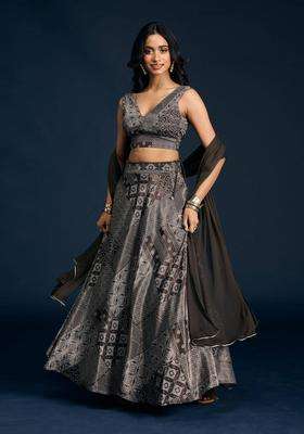 Brown Satin Printed Lehenga Blouse and Dupatta Set of 3 for Women Festive Wear