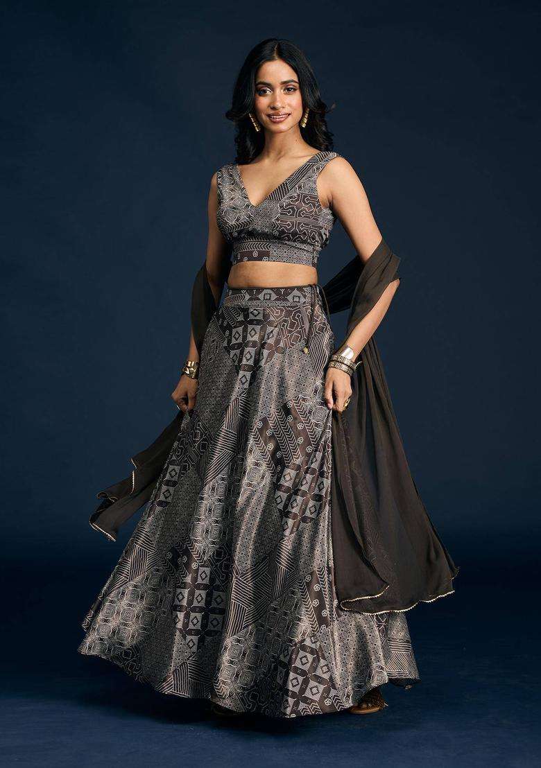 Brown Satin Printed Lehenga Blouse and Dupatta Set of 3 for Women Festive Wear - Indya