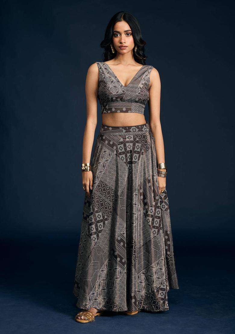 Brown Satin Printed Lehenga Blouse and Dupatta Set of 3 for Women Festive Wear - Indya