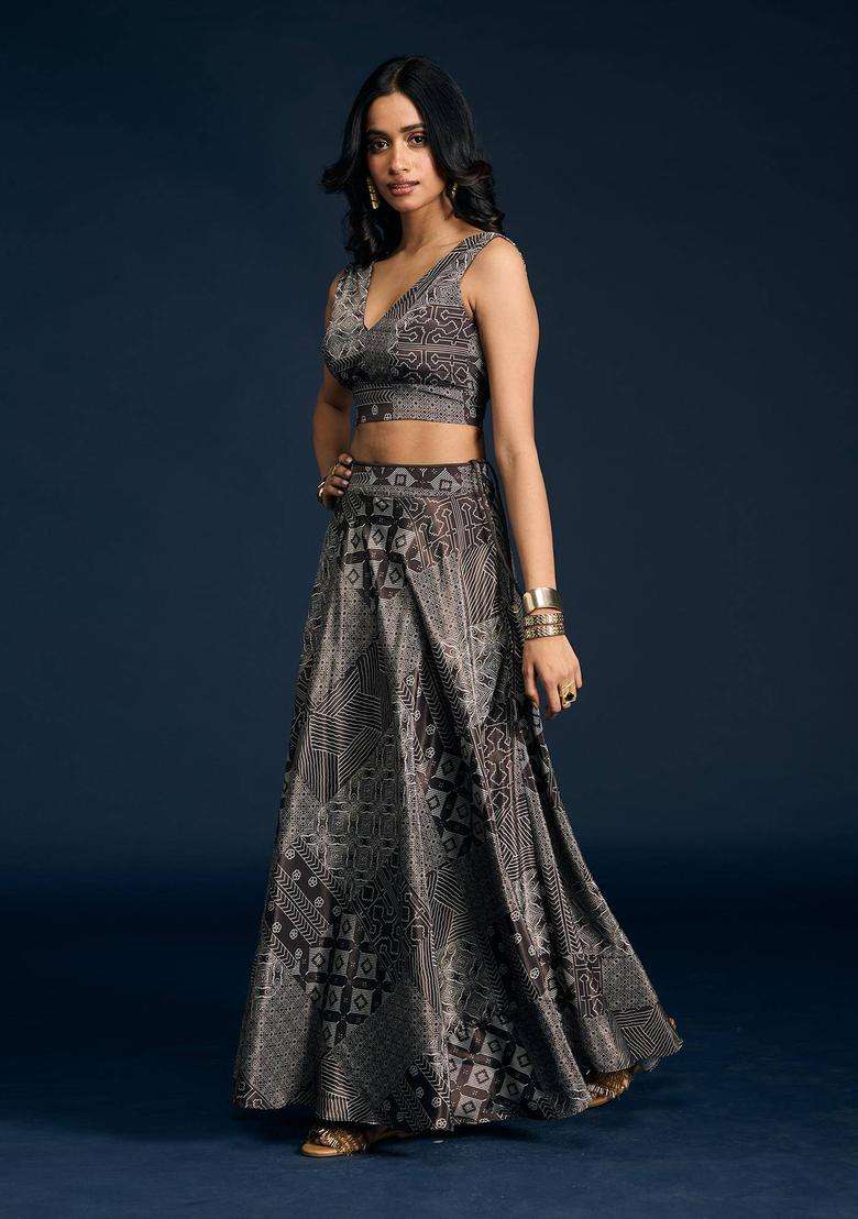 Brown Satin Printed Lehenga Blouse and Dupatta Set of 3 for Women Festive Wear - Indya