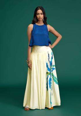 Citrus Sorbet Navy Blue Crepe Top with Printed Skirt for Women Casual Wear