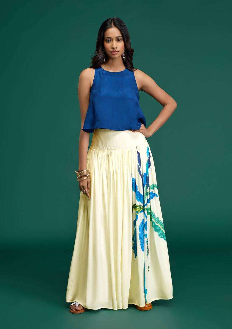 Citrus Sorbet Navy Blue Crepe Top with Printed Skirt for Women Casual Wear - Indya
