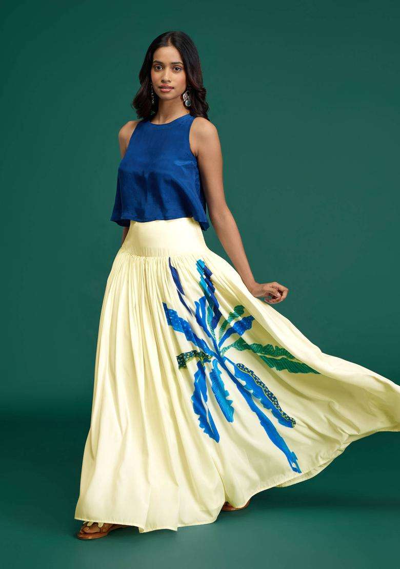 Citrus Sorbet Navy Blue Crepe Top with Printed Skirt for Women Casual Wear - Indya