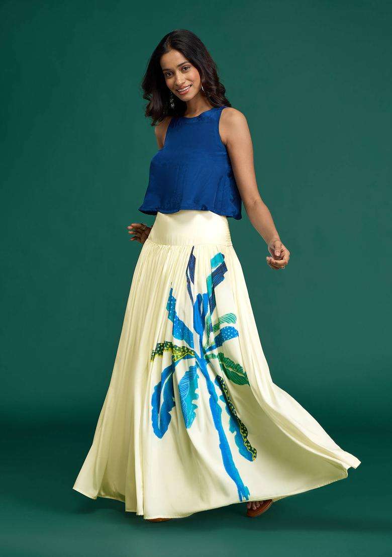 Citrus Sorbet Navy Blue Crepe Top with Printed Skirt for Women Casual Wear - Indya