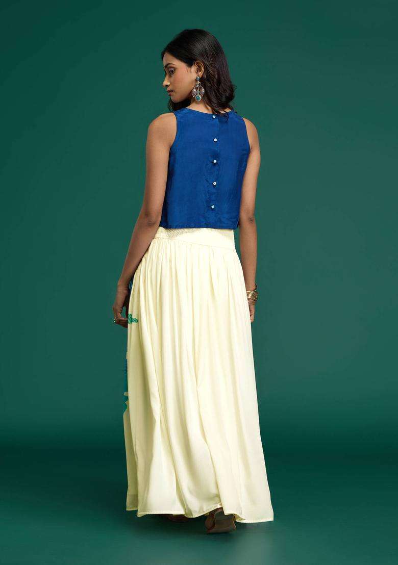 Citrus Sorbet Navy Blue Crepe Top with Printed Skirt for Women Casual Wear - Indya