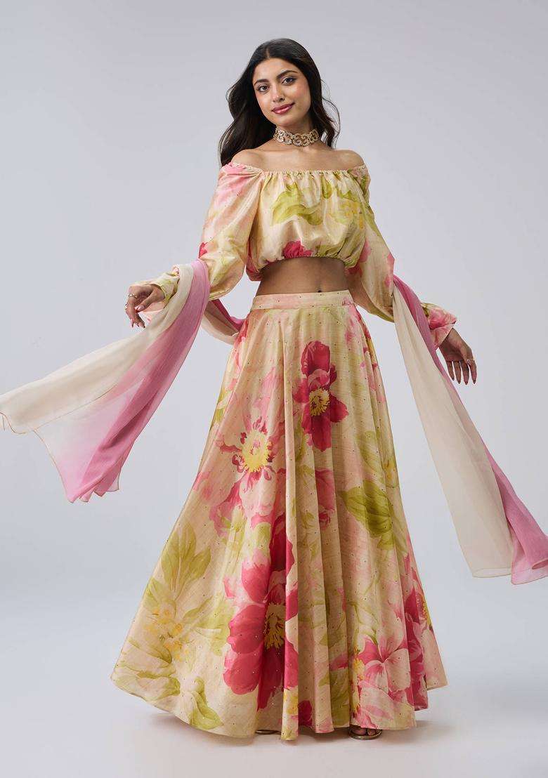 Cream Poly Silk Floral Blouse with Skirt and Dupatta Set of 3 for Women Wedding Wear - Indya