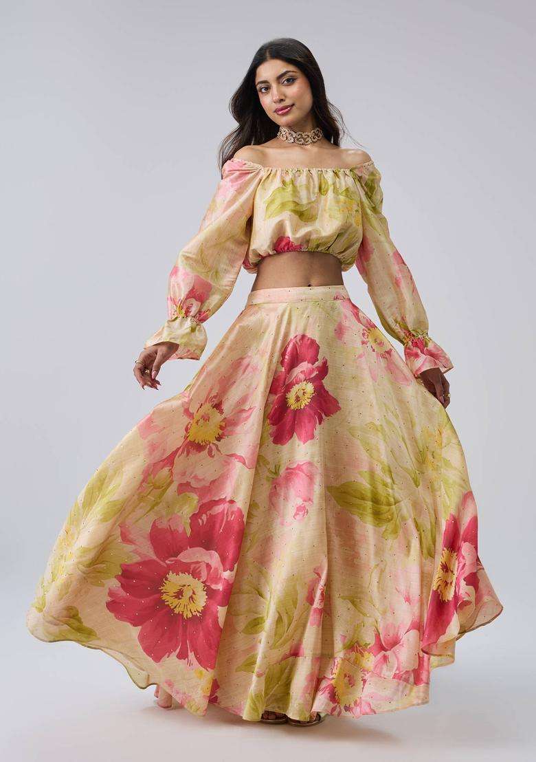 Cream Poly Silk Floral Blouse with Skirt and Dupatta Set of 3 for Women Wedding Wear - Indya