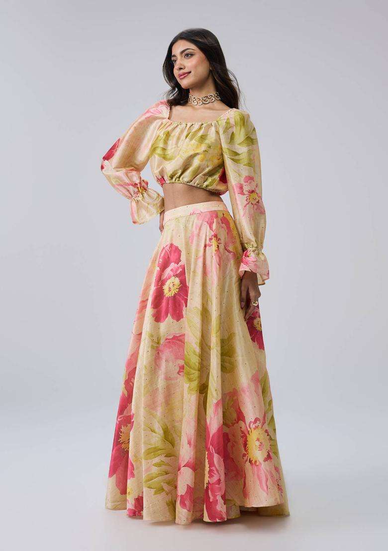 Cream Poly Silk Floral Blouse with Skirt and Dupatta Set of 3 for Women Wedding Wear - Indya