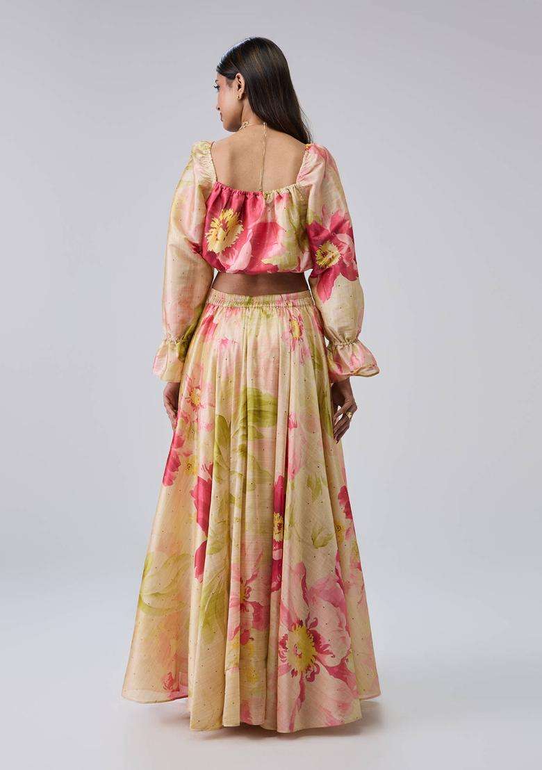 Cream Poly Silk Floral Blouse with Skirt and Dupatta Set of 3 for Women Wedding Wear - Indya