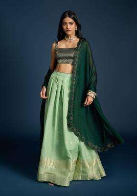 Green Brocade Semi Stitched Lehenga Blouse and Dupatta Set of 3 for Women Festive Wear