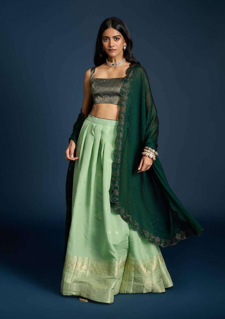 Green Brocade Semi Stitched Lehenga Blouse and Dupatta Set of 3 for Women Festive Wear - Indya