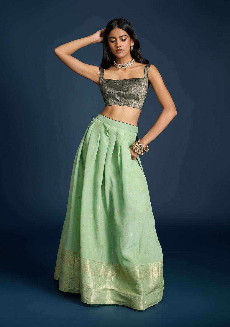 Green Brocade Semi Stitched Lehenga Blouse and Dupatta Set of 3 for Women Festive Wear - Indya