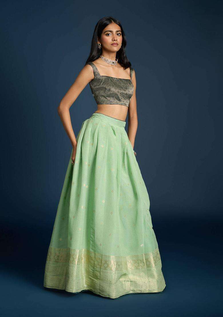 Green Brocade Semi Stitched Lehenga Blouse and Dupatta Set of 3 for Women Festive Wear - Indya