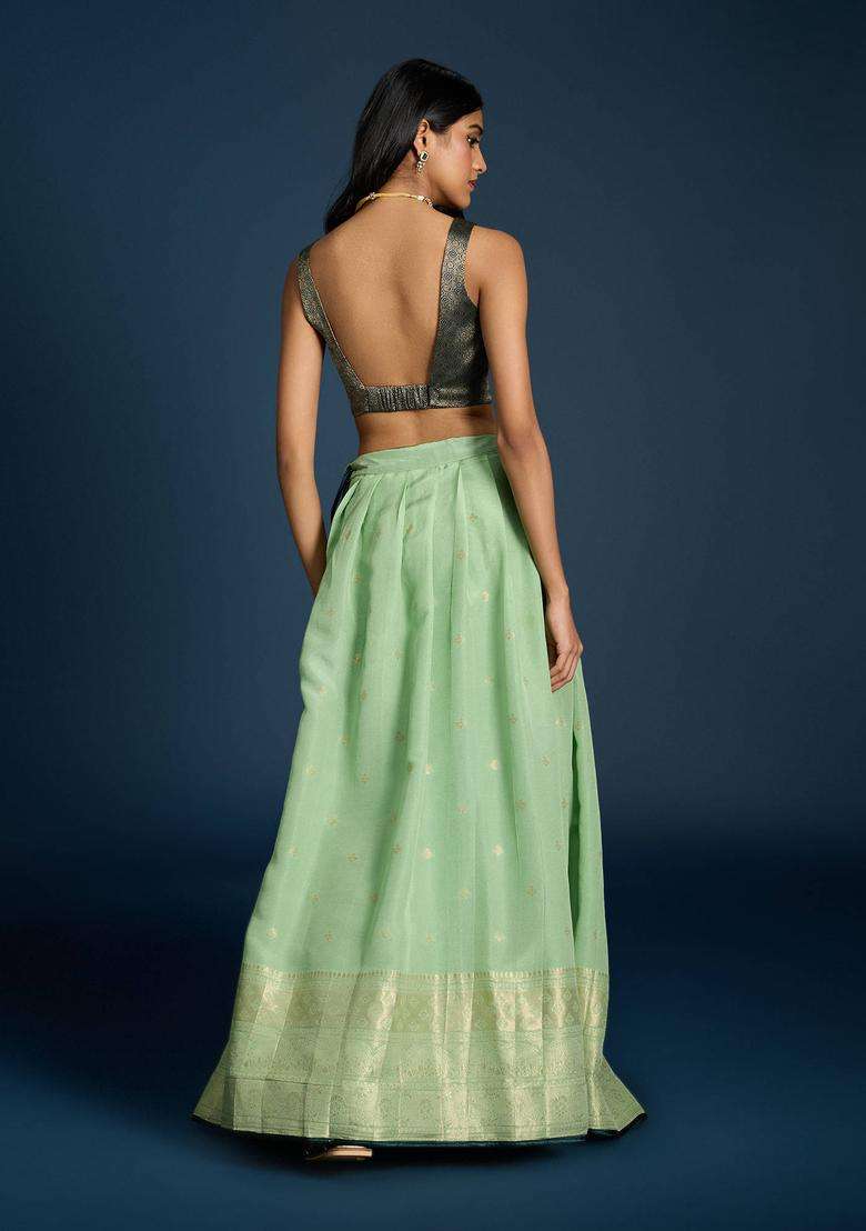 Green Brocade Semi Stitched Lehenga Blouse and Dupatta Set of 3 for Women Festive Wear - Indya