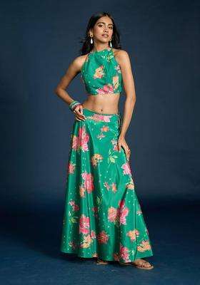 Green Crepe Printed Crop Top and Skirt Set of 2 for Women Festive Wear