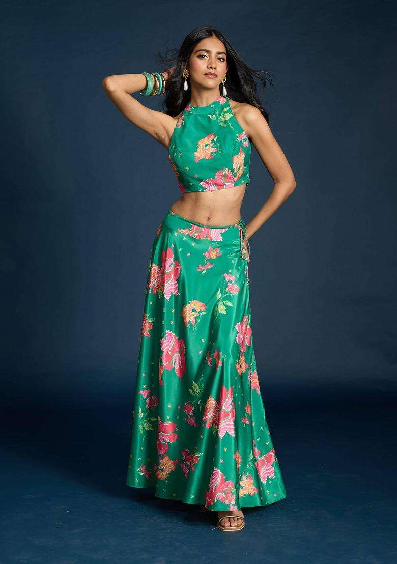 Green Crepe Printed Crop Top and Skirt Set of 2 for Women Festive Wear - Indya
