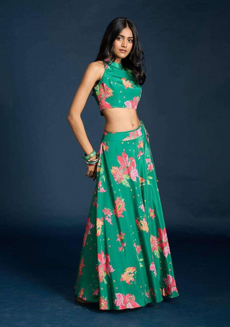 Green Crepe Printed Crop Top and Skirt Set of 2 for Women Festive Wear - Indya