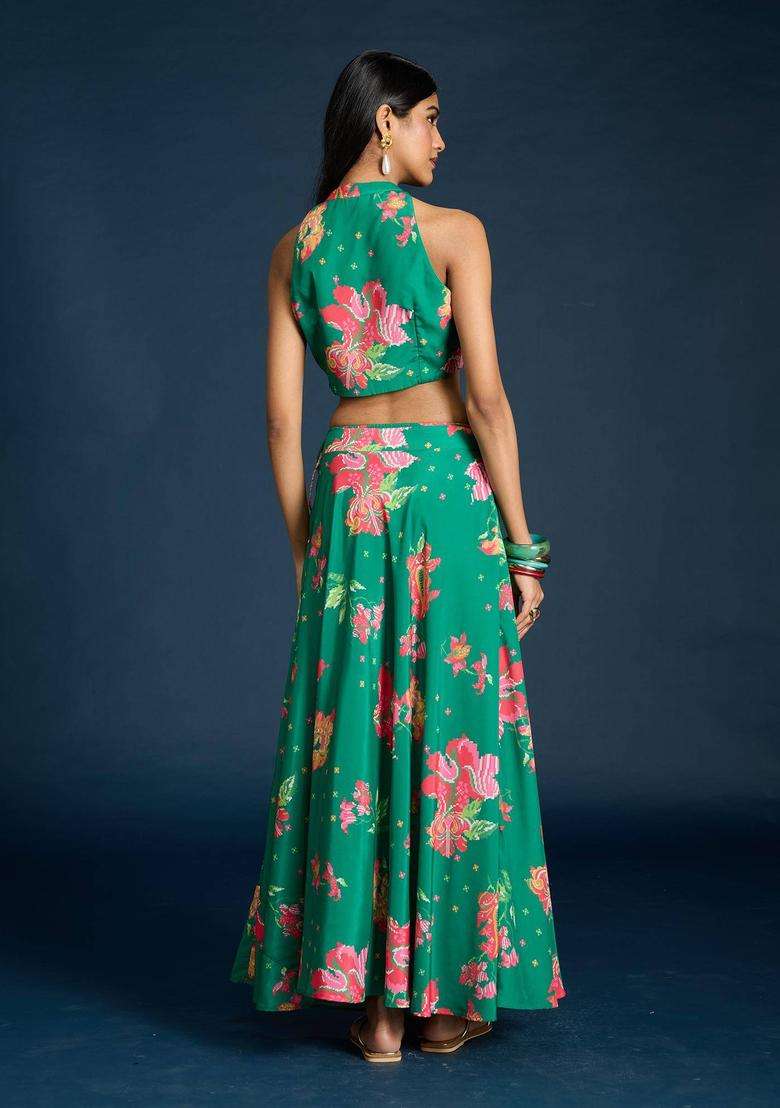 Green Crepe Printed Crop Top and Skirt Set of 2 for Women Festive Wear - Indya