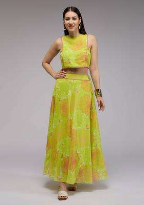 Green Georgette Floral Embellished Crop Top and Skirt Set of 2 for Women Fusion Wear