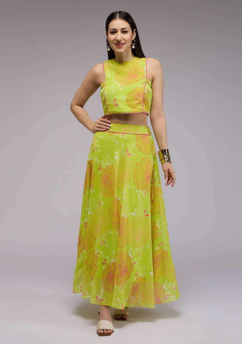 Green Georgette Floral Embellished Crop Top and Skirt Set of 2 for Women Fusion Wear - Indya