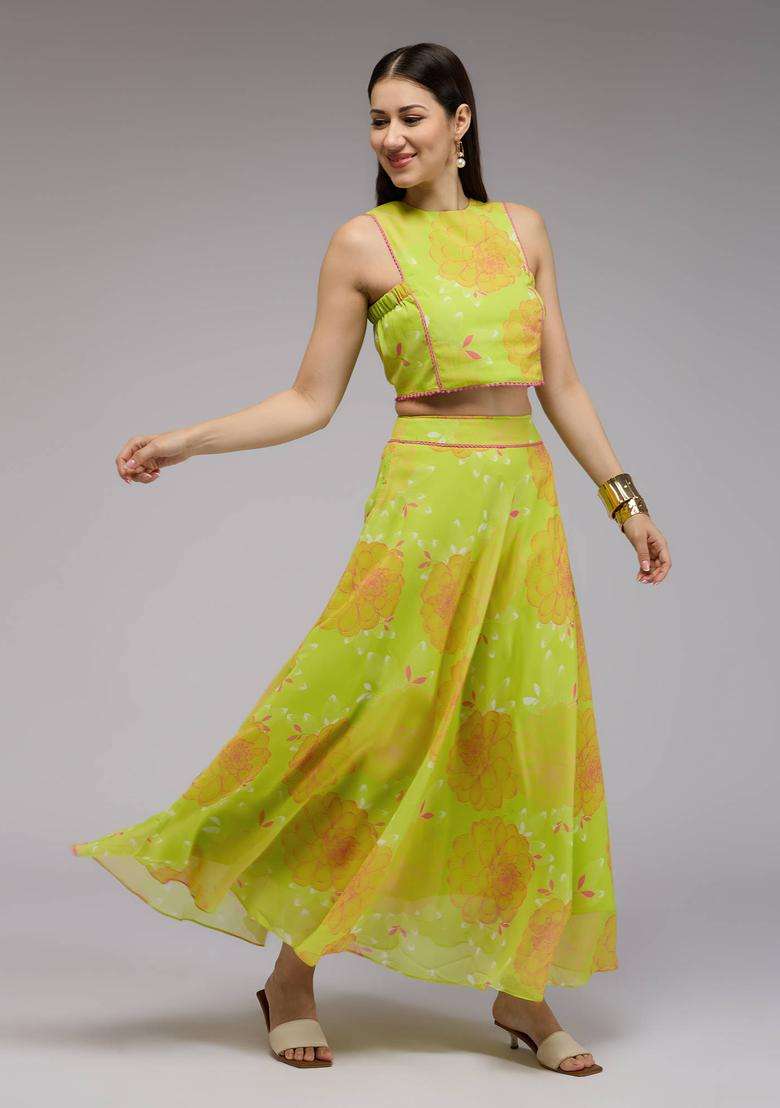 Green Georgette Floral Embellished Crop Top and Skirt Set of 2 for Women Fusion Wear - Indya