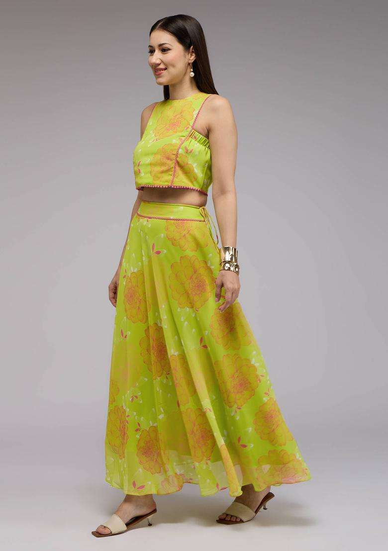 Green Georgette Floral Embellished Crop Top and Skirt Set of 2 for Women Fusion Wear - Indya