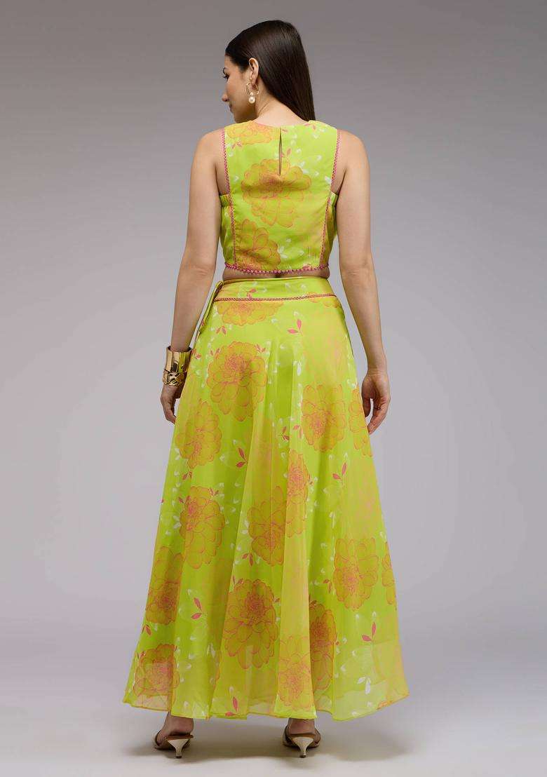 Green Georgette Floral Embellished Crop Top and Skirt Set of 2 for Women Fusion Wear - Indya