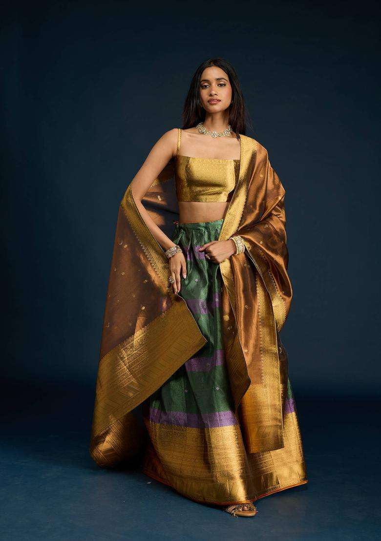Green Tissue Brocade Semi Stitched Lehenga Unstitched Blouse and Dupatta for Women Festive Wear - Indya