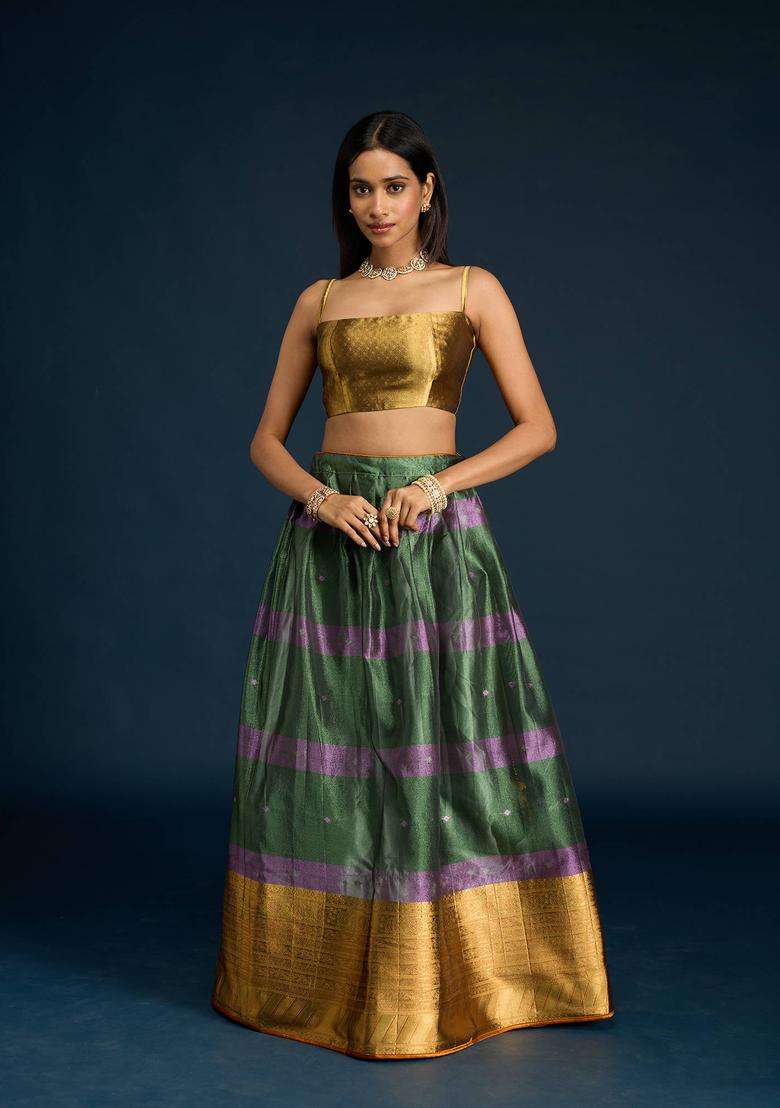Green Tissue Brocade Semi Stitched Lehenga Unstitched Blouse and Dupatta for Women Festive Wear - Indya
