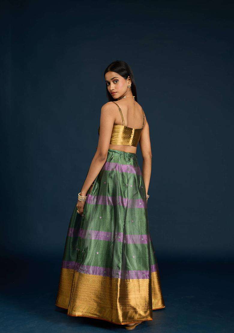Green Tissue Brocade Semi Stitched Lehenga Unstitched Blouse and Dupatta for Women Festive Wear - Indya
