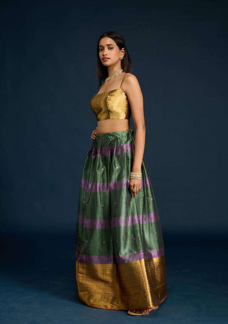 Green Tissue Brocade Semi Stitched Lehenga Unstitched Blouse and Dupatta for Women Festive Wear - Indya