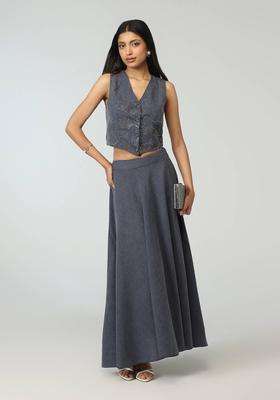 Grey Denim Badla Embellished Waistcoat with Circular Skirt Urban Folk for Women Fusion Wear