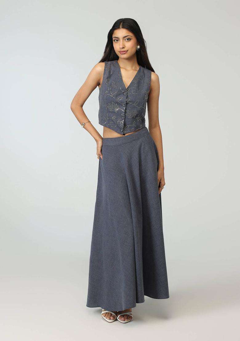 Grey Denim Badla Embellished Waistcoat with Circular Skirt Urban Folk for Women Fusion Wear - Indya