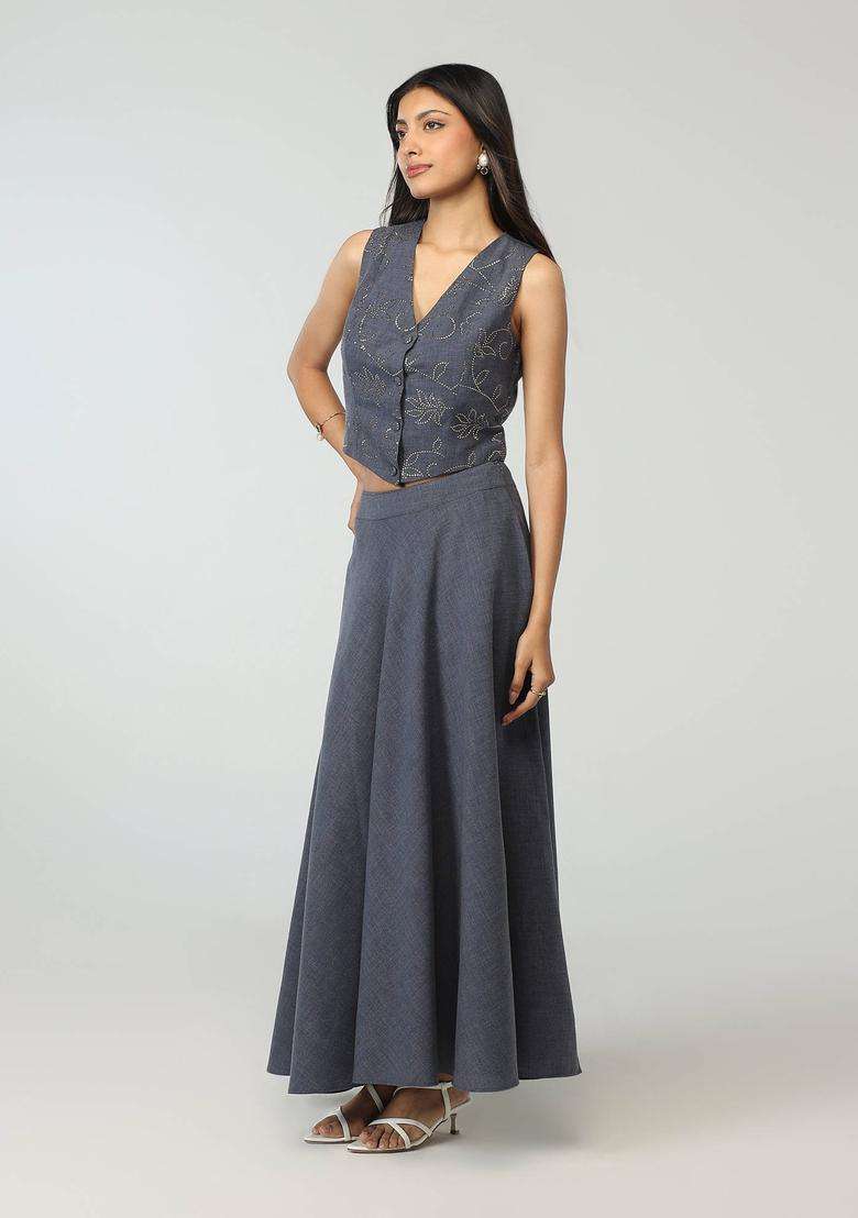 Grey Denim Badla Embellished Waistcoat with Circular Skirt Urban Folk for Women Fusion Wear - Indya