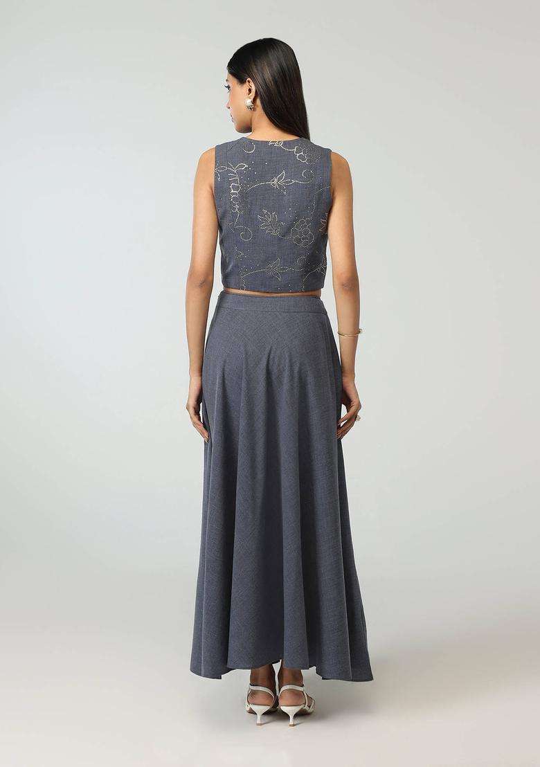 Grey Denim Badla Embellished Waistcoat with Circular Skirt Urban Folk for Women Fusion Wear - Indya