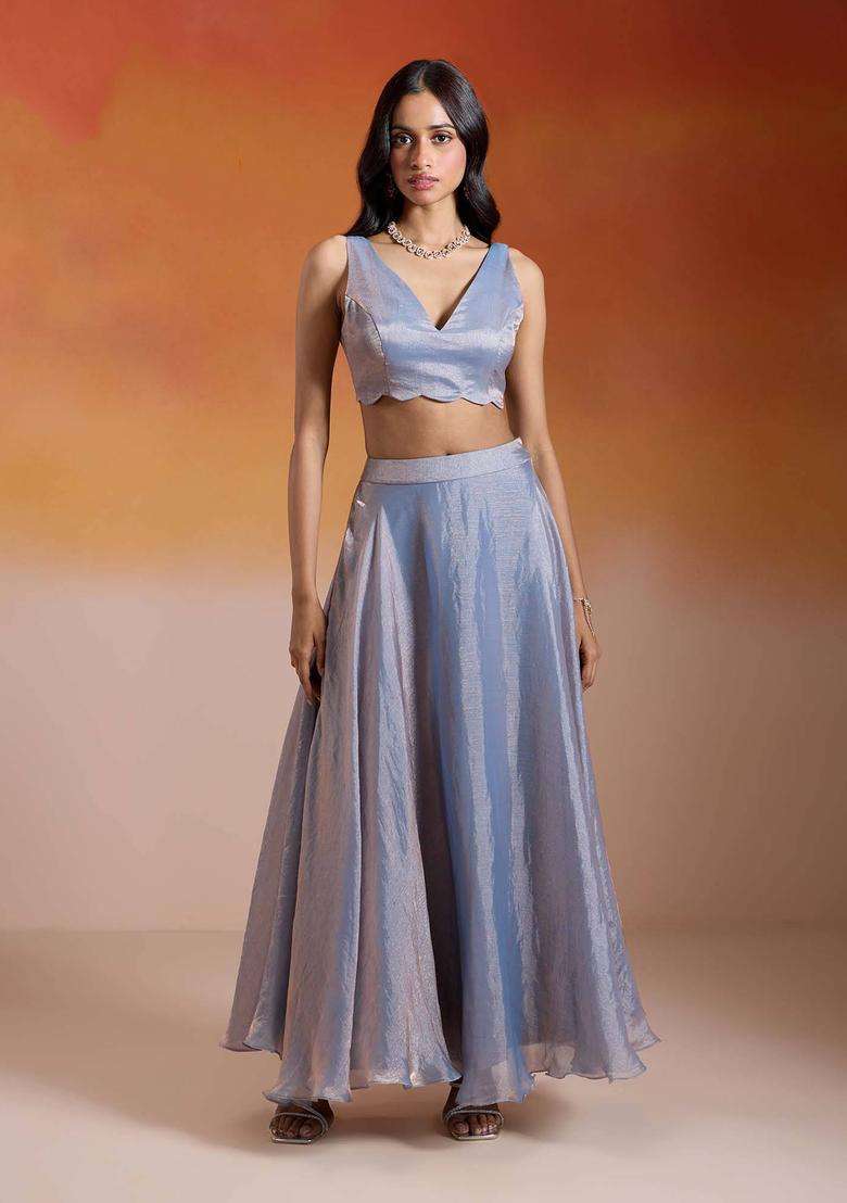 Ice Blue Tissue Chiffon Solid Lehenga with Blouse Set of 2 for Women Festive Wear - Indya
