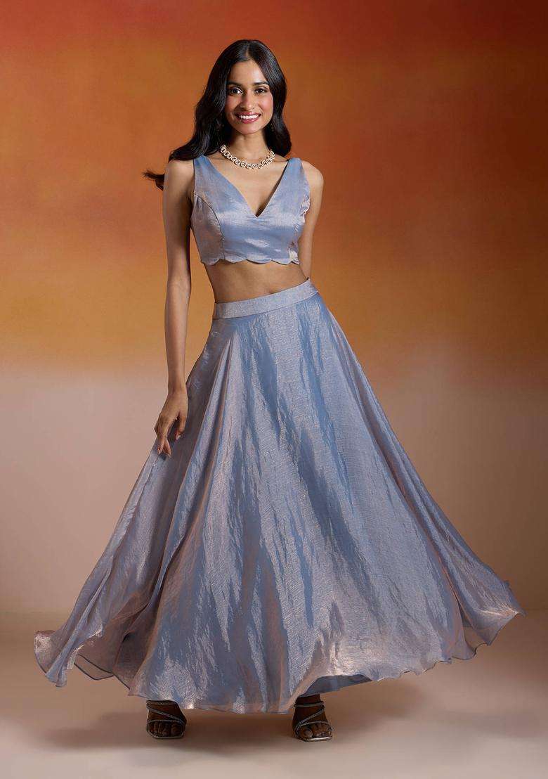 Ice Blue Tissue Chiffon Solid Lehenga with Blouse Set of 2 for Women Festive Wear - Indya