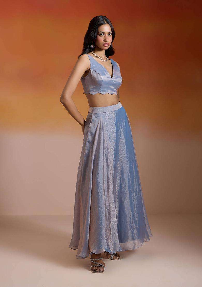 Ice Blue Tissue Chiffon Solid Lehenga with Blouse Set of 2 for Women Festive Wear - Indya