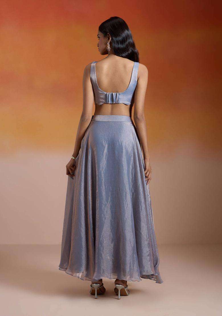 Ice Blue Tissue Chiffon Solid Lehenga with Blouse Set of 2 for Women Festive Wear - Indya