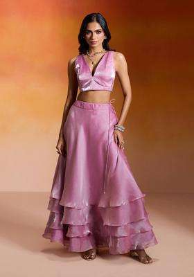 Lilac Purple Soft Organza Tier Lehenga with Blouse Set of 2 for Women Festive Wear
