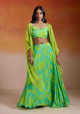 Lime Green Crinkle Chiffon Printed Lehenga Blouse Cape for Women Festive Wear