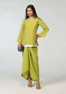 Lime Green Gota Embellished Kurta with Drape Skirt for Women Fusion Wear