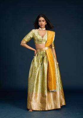 Lime Green Tissue Brocade Semi Stitched Lehenga Unstitched Blouse and Dupatta for Women Festive Wear