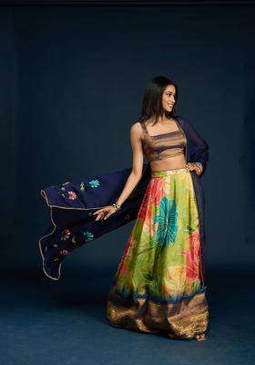 Lime Tissue Brocade Semi Stitched Lehenga Unstitched Blouse and Dupatta for Women Festive Wear
