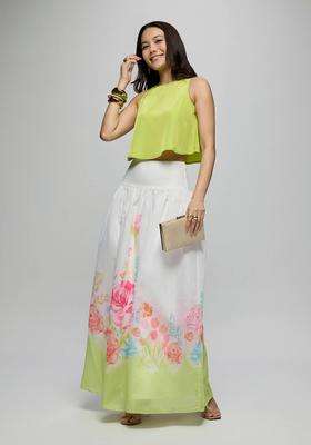 Lime and White Rayon Crop Top with Chanderi Floral Skirt Set of 2 for Women Fusion Wear