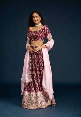 Maroon Zari Brocade Semi Stitched Lehenga Unstitched Blouse and Dupatta for Women Festive Wear