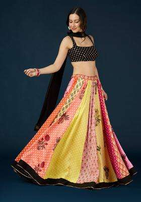 Multicolor Panel Lehenga Blouse and Dupatta Set of 3 for Women Festive Wear
