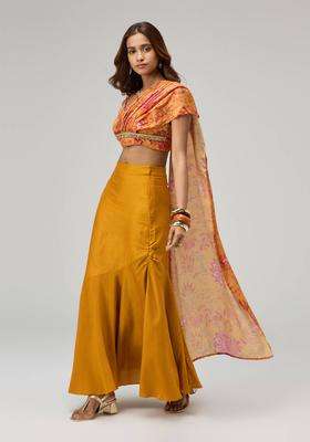 Mustard Embellished Pallu Blouse with Asymmetric Skirt Set of 2 for Women Wedding Wear